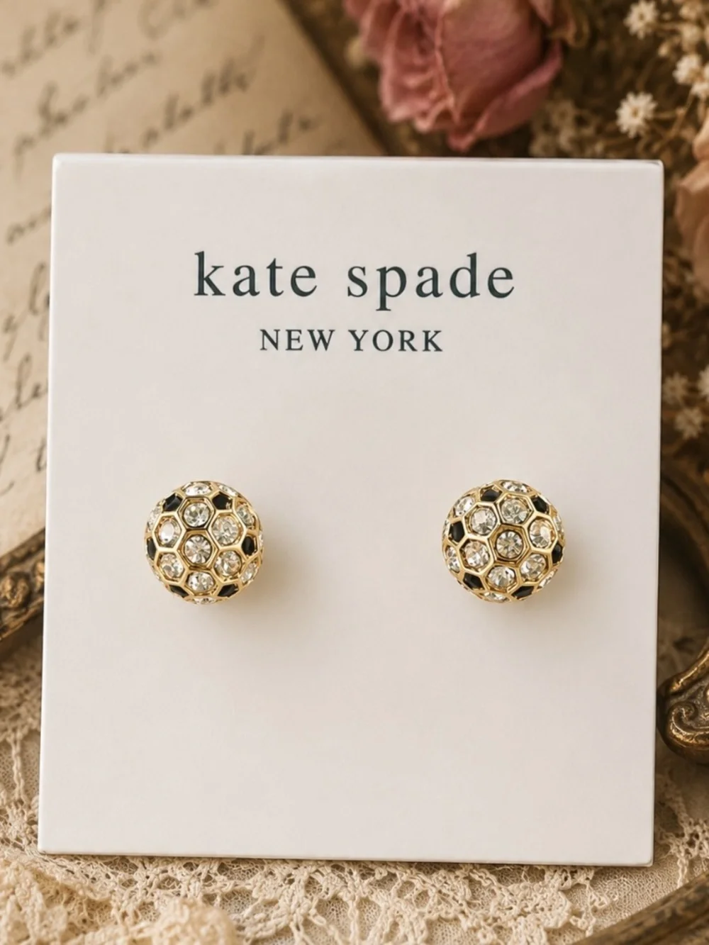 KATE SPADE • Black Crystal Gold On The Ball Earrings